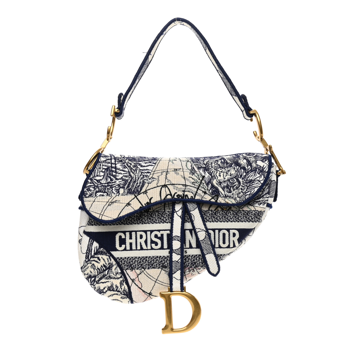 CHRISTIAN DIOR Canvas Embroidered Around the World Saddle Bag Blue