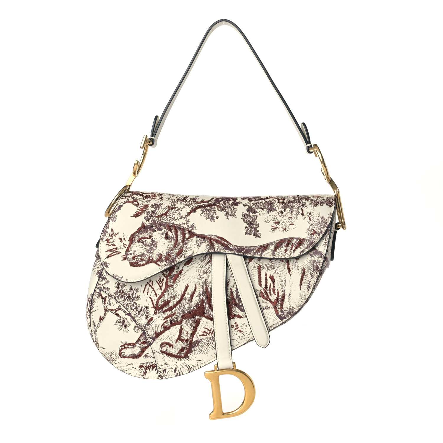 CHRISTIAN DIOR Calfskin Embroidered Toile de Jouy Saddle Bag Burgundy