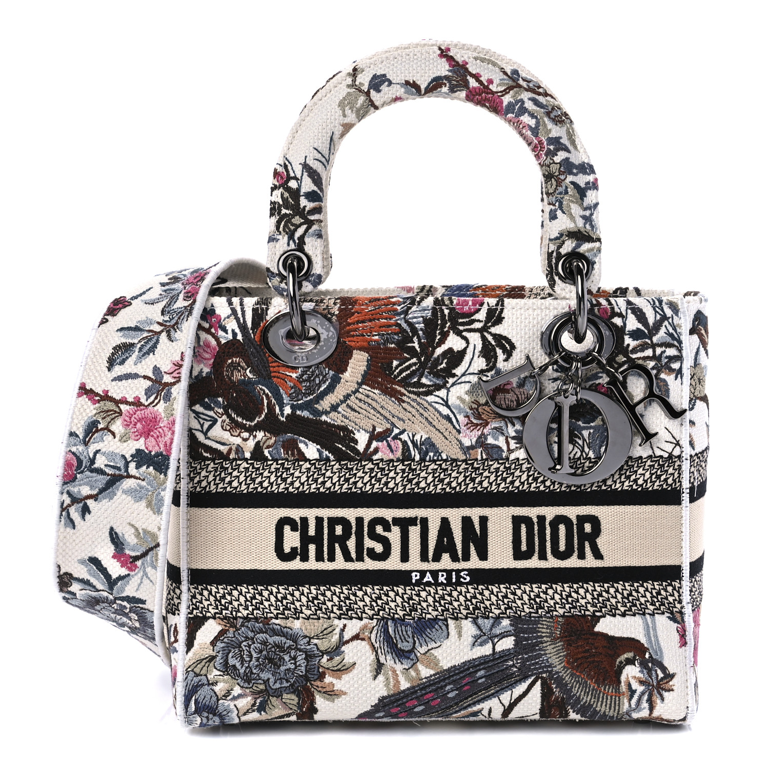 CHRISTIAN DIOR Canvas Embroidered Jardin D'Hive Medium Lady D-Lite Ecru Multicolor