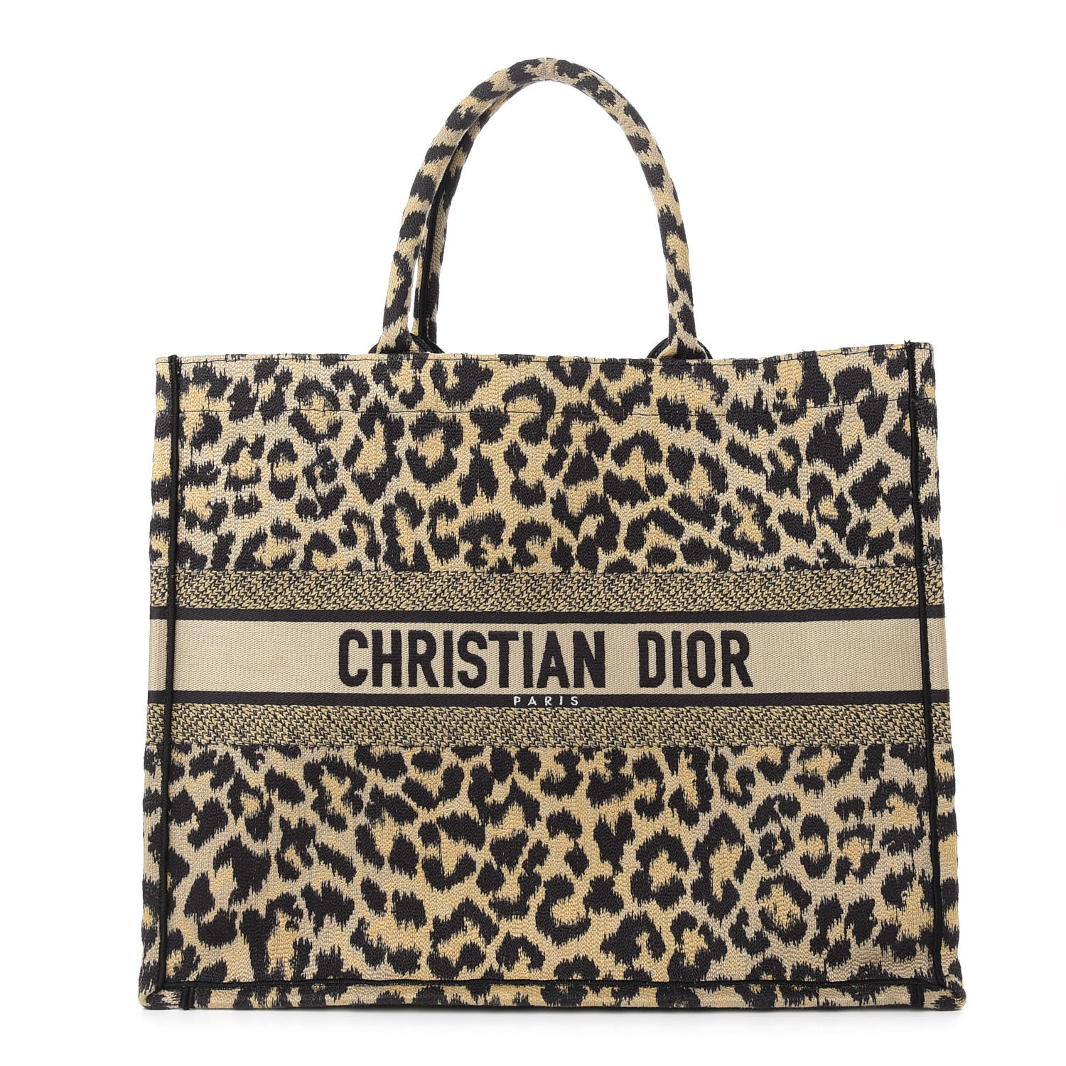 CHRISTIAN DIOR Canvas Mizza Embroidered Large Leopard Book Tote Beige