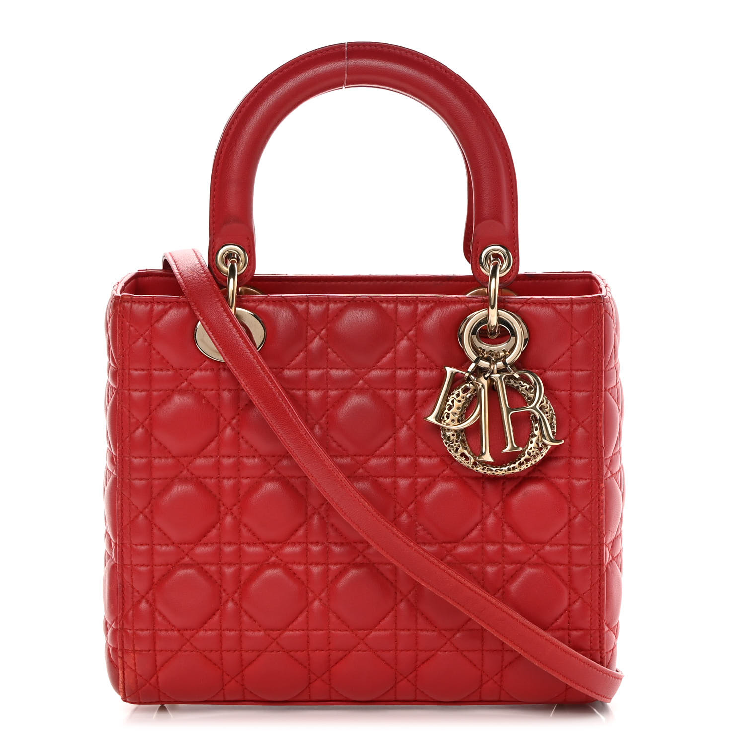 CHRISTIAN DIOR Lambskin Cannage Medium Lady Dior Red